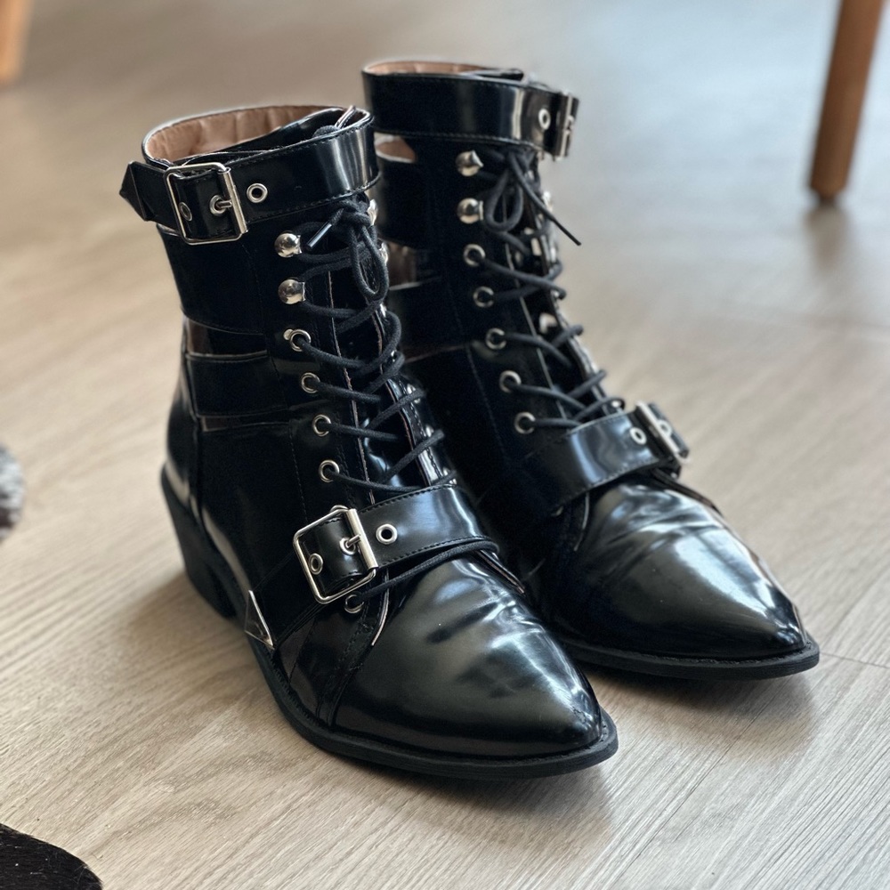 NASTY GAL Patent Faux Leather Buckle Boots